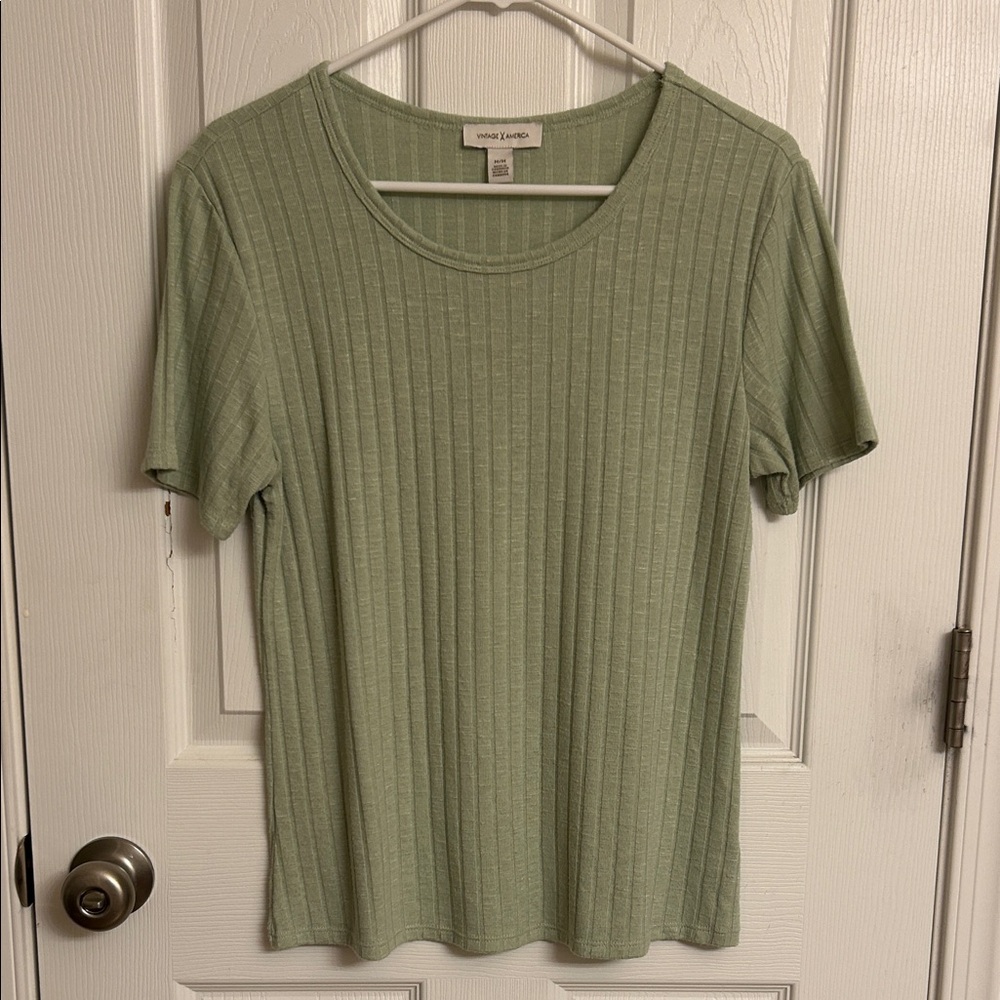 Vintage X America Light Green Ribbed Short Sleeve Sweater Viscose-blend Medium